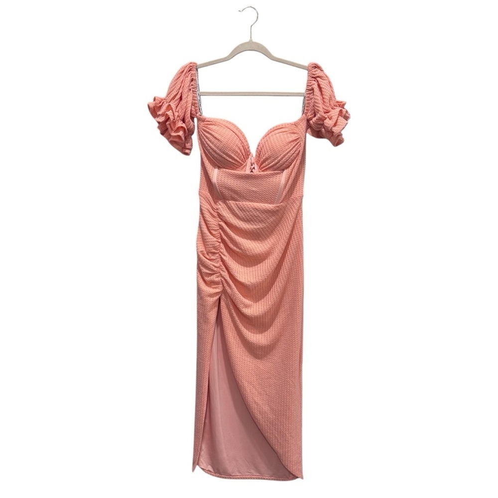 Miss Circle New York Corset Bodycon Midi Dress Cocktail Wedding Salmon Peach L - Picture 3 of 16
